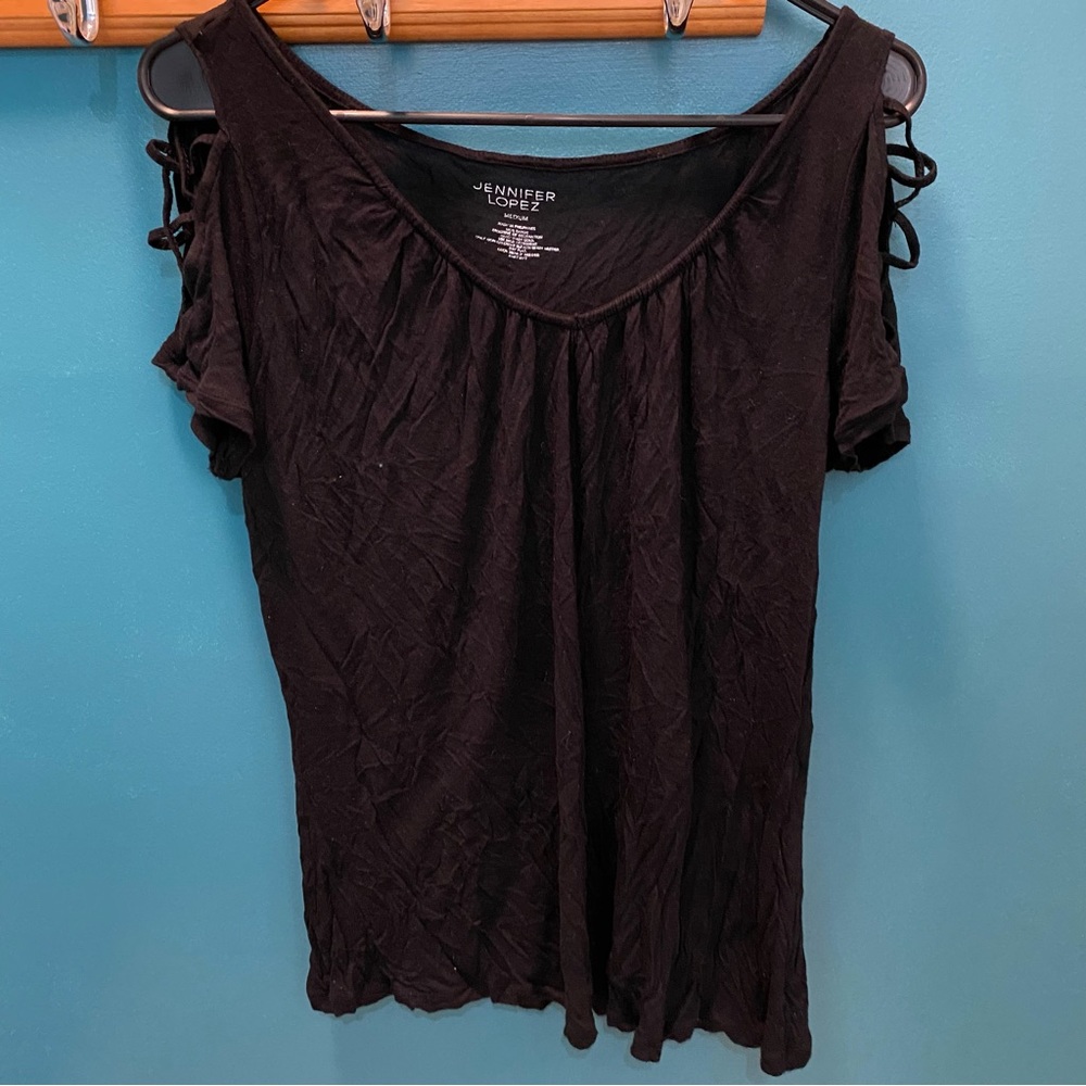 Jennifer Lopez Black Tee String Sleeves Size Medium